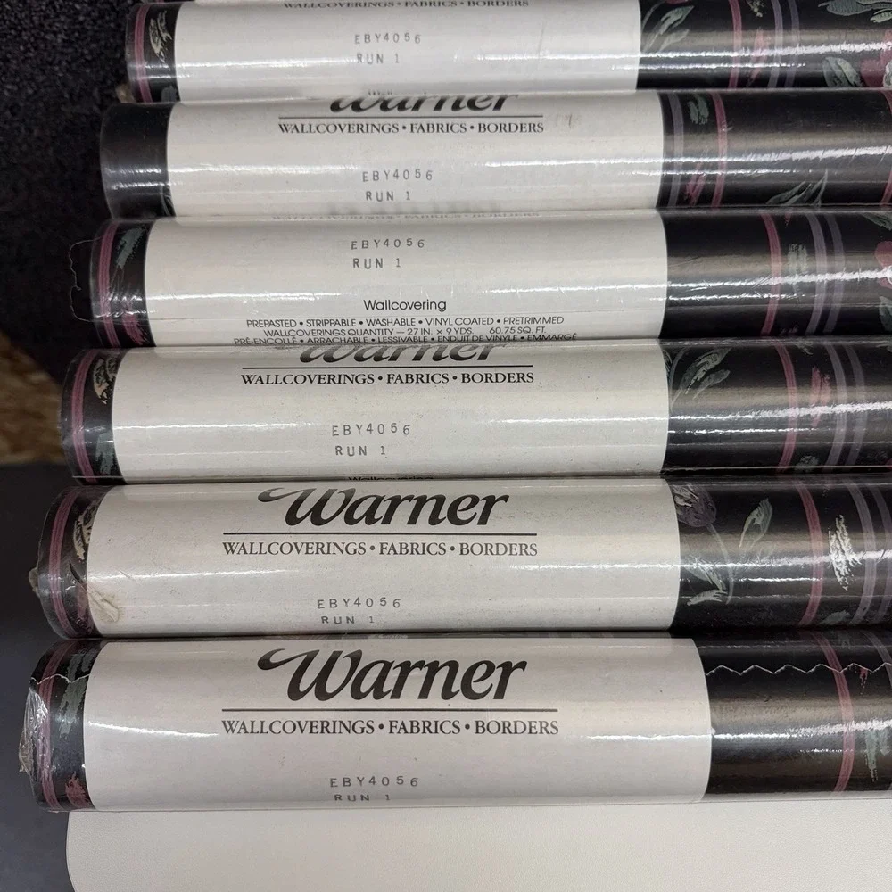 Warner Wallcoverings EBY4056 Floral‎ Tulip Stripe Wallpaper Black Pink 7 Rolls